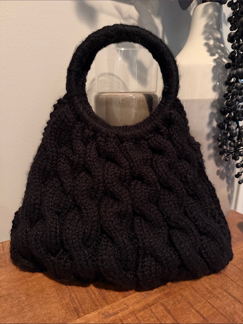 Hand-Knit Black Cable Tote Purse - Unbranded